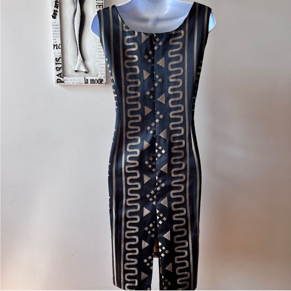 Ashro Black and Gold Ethnic African Print Sleeveless Sheath Dress Size 8 - Picture 6 of 11